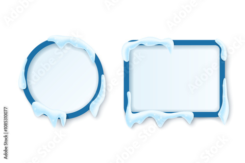 Round and rectangular winter snow frames. Vector 3d illustration.