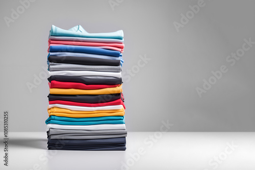 A stack of folded soft, smooth clothes. Multi-colored T-shirts on a light background with space for text. Concept of diversity in the world, lifestyle, order in the house, minimalism.