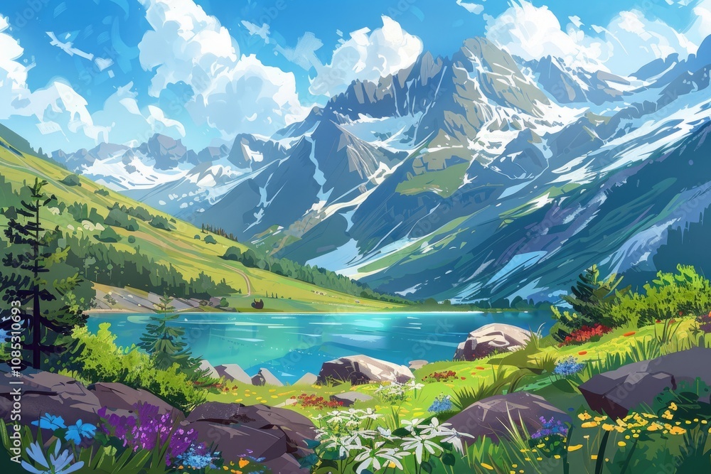 Fototapeta premium A mountain lake surrounded by lush green slopes, snow-capped peaks, and a blue sky with fluffy clouds.