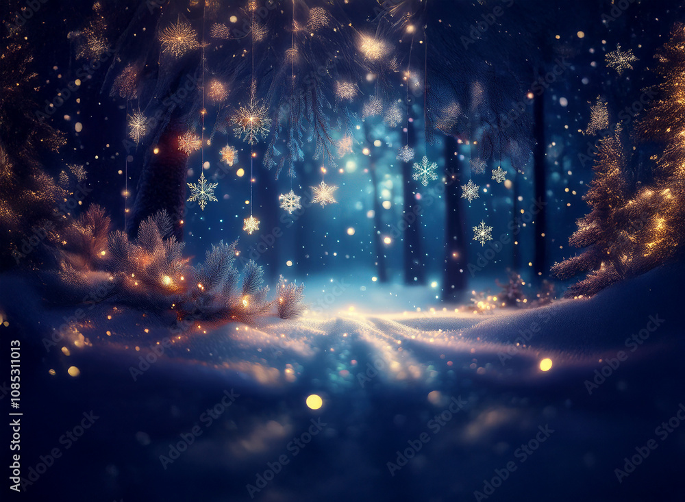 Enchanted winter forest scene. Glowing snowflakes and lights illuminate a snow-covered path, creating a magical, dreamlike atmosphere. Enchanted winter forest scene. Glowing snowflakes and lights illuminate a snow-covered path, creating a magical, dreamlike atmosphere.