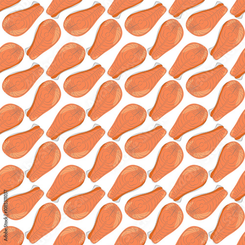 Freehand Salmon steaks Seamless pattern in watercolor style. Healthy Eating Day or Fish Day backdrop