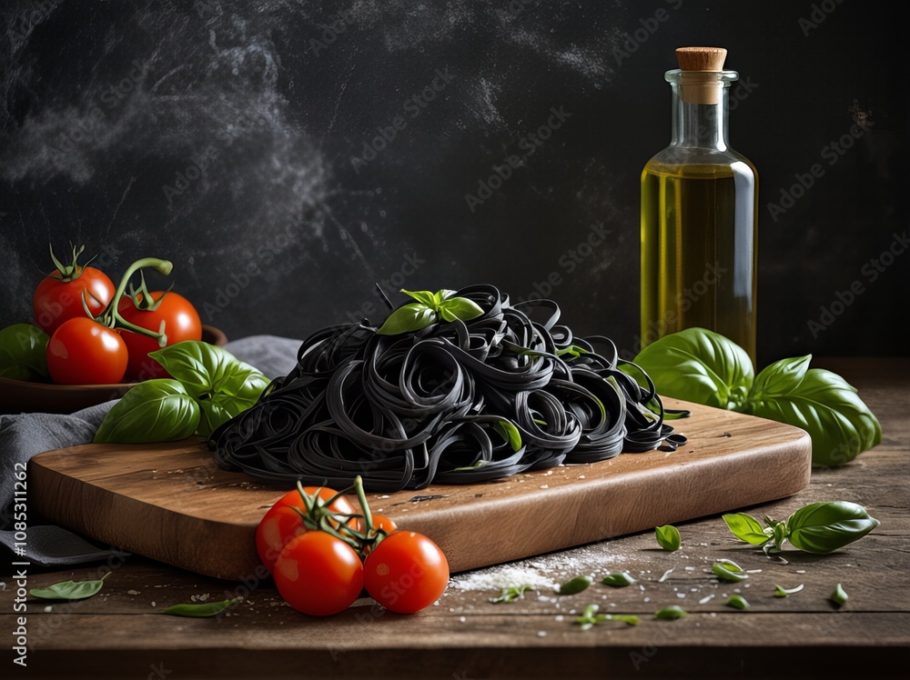 A rustic display of black pasta on a wooden board, garnished with fresh basil and cherry tomatoes, with olive oil in the background. A rustic display of black pasta on a wooden board, garnished with fresh basil and cherry tomatoes, with olive oil in the background.