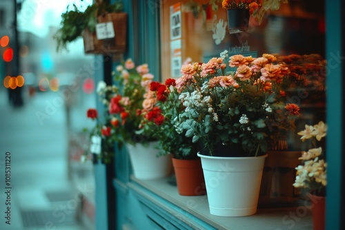 Delicate pots of flowers brighten a city sidewalk with their vibrant colors and inviting charm.