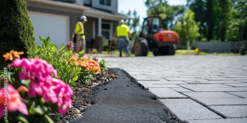Fototapeta Naklejka Na Ścianę i Meble -  A shot of workers laying down a new driveway and landscaping the front yards of a new housing estate