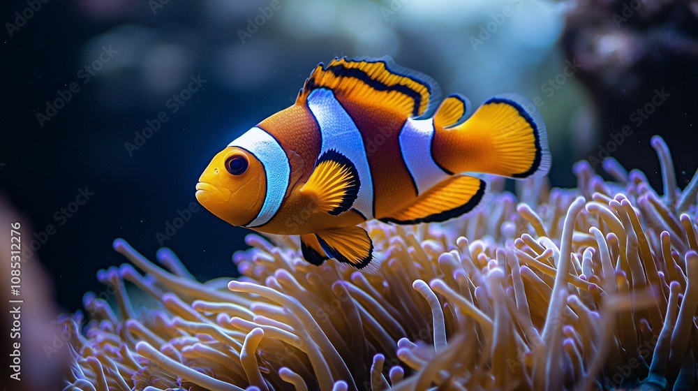 Clownfish Swimming with Sea Anemone in Coral Reef Clownfish Swimming with Sea Anemone in Coral Reef