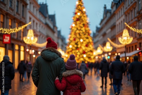 Welsh Family Admiring Grand Christmas Tree in Bustling Downtown