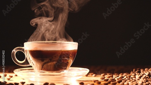 Closeup of a cup of hot coffee with coffee beans, steam rising, set on a saucer, featuring a brown mug and black beverage, isolated on a dark, black background, evoking a cozy aroma of morning warmth