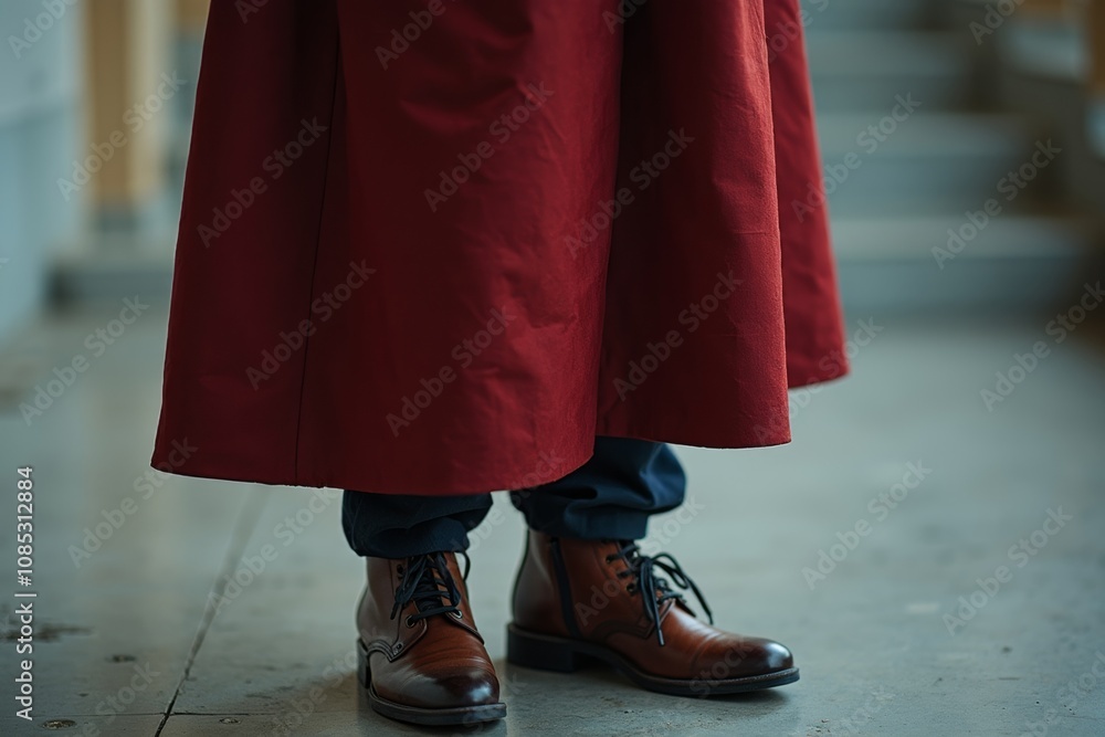 Close-Up of Mongolian Museum Technician's Legs in Red Robe