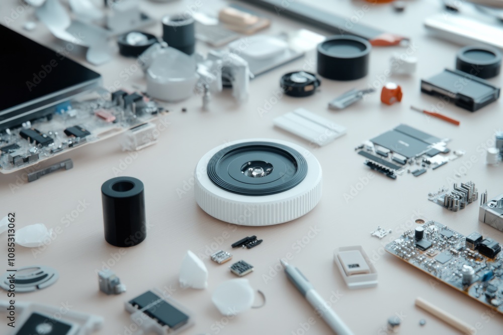 A table filled with components of electronic devices, showcasing fragments of modern technology and innovation. A table filled with components of electronic devices, showcasing fragments of modern technology and innovation.