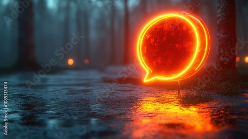 Glowing Neon Orange Speech Bubble in a Mystical Dark Forest