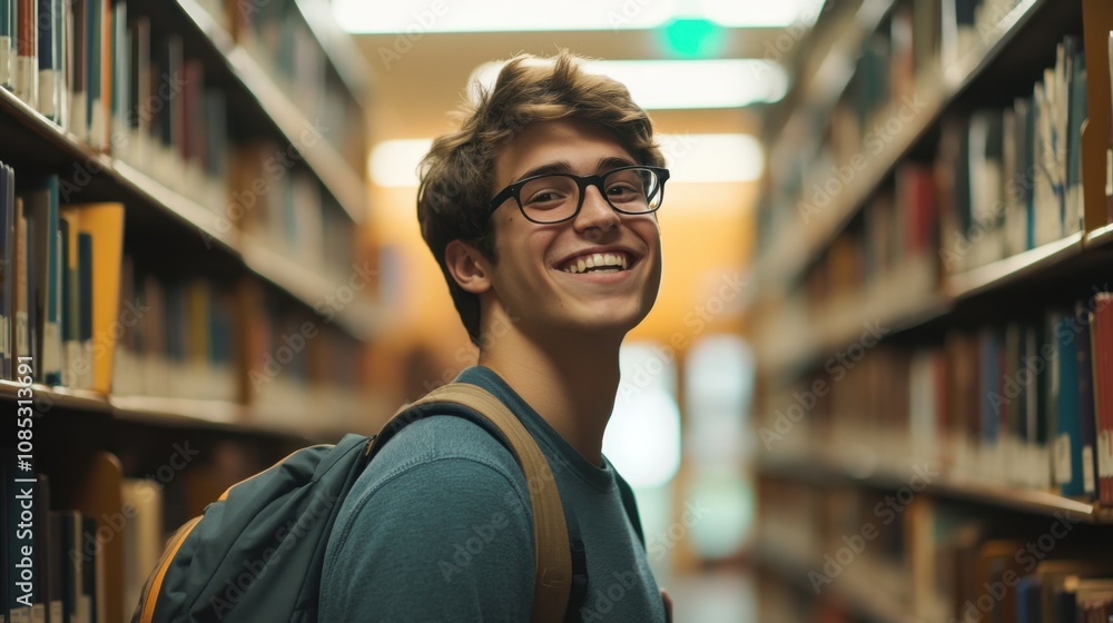 A cheerful male student wearing glasses and a backpack smiles while standing in a library aisle surrounded by shelves of books A cheerful male student wearing glasses and a backpack smiles while standing in a library aisle surrounded by shelves of books