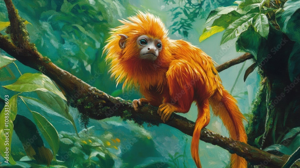 Rare Golden Lion Tamarin Perched on a Branch in Jungle Rare Golden Lion Tamarin Perched on a Branch in Jungle