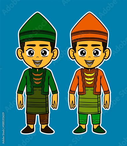 Doodle Sticker Illustration of a Boy Wearing an Indonesian Traditional Dress