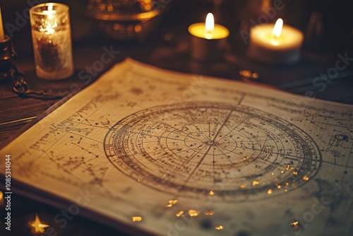 An ancient, detailed astrological chart spreads beneath candlelight, inviting contemplative study and mystical insights into the cosmos.