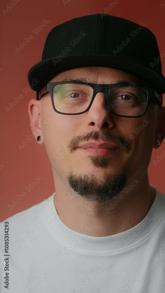man, glasses, cap, black, red, background, goatee, face, portrait, casual, confident, stylish, earring, white, shirt, modern, male, mature, closeup, beard, trendy, simplicity, fashion, expression, cle man, glasses, cap, black, red, background, goatee, face, portrait, casual, confident, stylish, earring, white, shirt, modern, male, mature, closeup, beard, trendy, simplicity, fashion, expression, cle