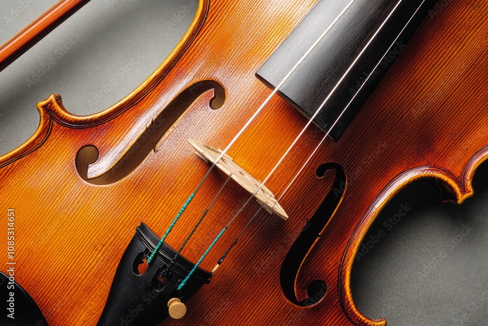 Close-up of a beautifully-crafted violin, highlighting its curves and strings, encapsulating the art and elegance of this classical instrument. Close-up of a beautifully-crafted violin, highlighting its curves and strings, encapsulating the art and elegance of this classical instrument.