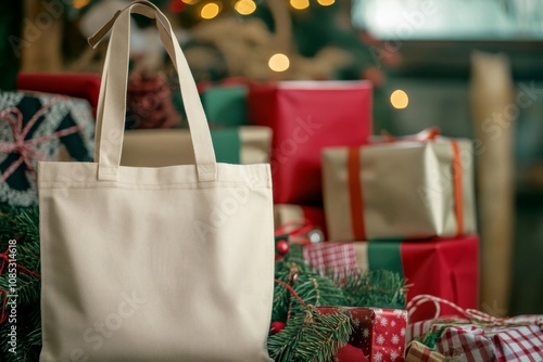 A canvas tote bag among an array of festive, colorfully wrapped gifts, set within a lush holiday backdrop full of joy and anticipation. photo