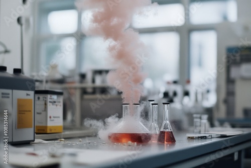 A flask emits a pinkish smoke, framing a lab filled with equipment and sunlight streaming through large windows.