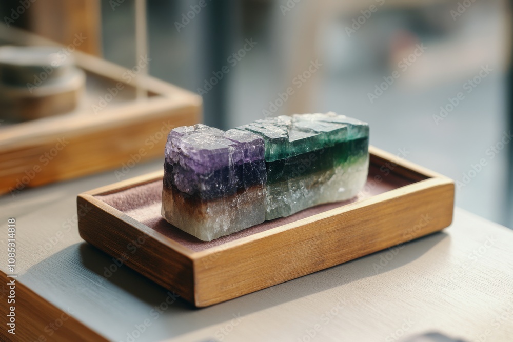 A raw amethyst crystal in a simple wooden box, its natural hues beautifully showcased, exuding a sense of earthiness and connection to raw nature. A raw amethyst crystal in a simple wooden box, its natural hues beautifully showcased, exuding a sense of earthiness and connection to raw nature.