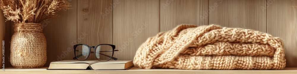 Fototapeta premium Lightweight shawl adds a cozy touch to any space, beautifully styled with an open book and stylish glasses on a wooden shelf, creating a warm and inviting atmosphere.