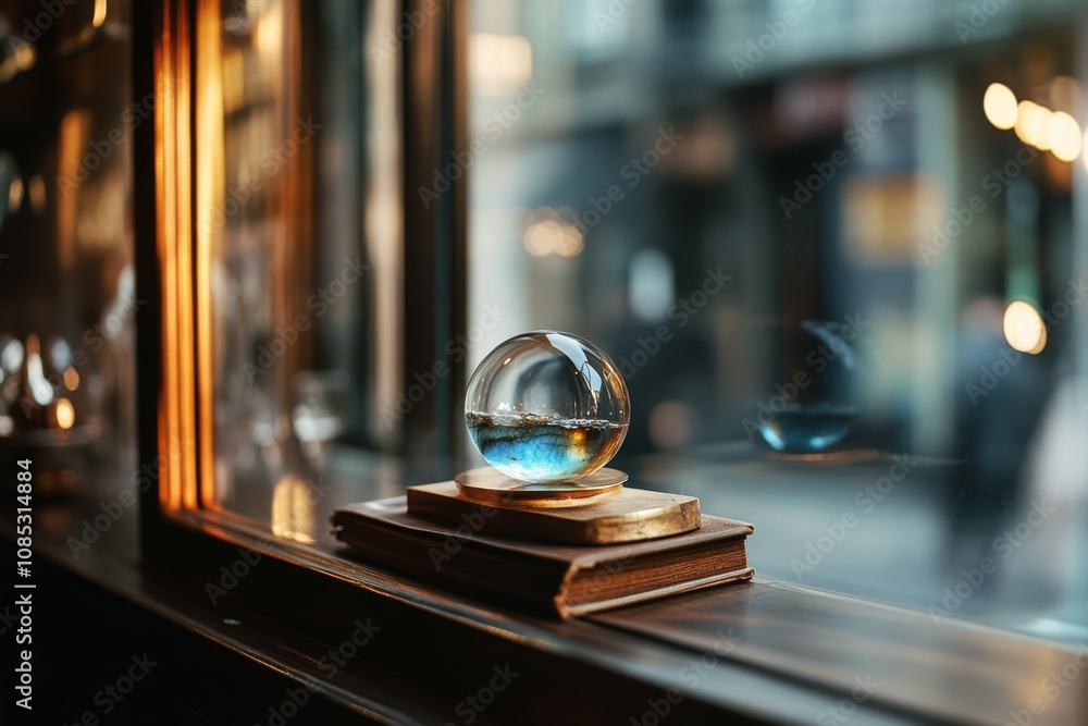 A crystal-clear sphere rests on a book by the window, the warm glow of city lights from outside creating a cozy, enchanting scene. A crystal-clear sphere rests on a book by the window, the warm glow of city lights from outside creating a cozy, enchanting scene.