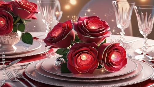 A beautifully set dining table adorned with elegant red roses, sparkling lights, and fine tableware, creating a romantic ambiance.