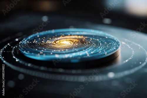 A spinning cosmic disc against a starry backdrop illustrates galaxy formation in a luminous, abstract manner. photo