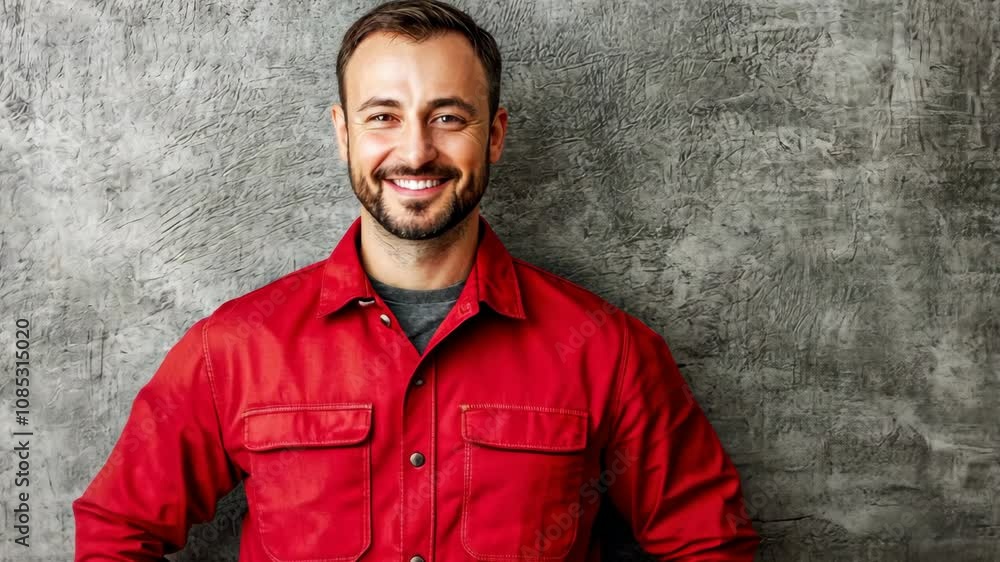 A man wearing a solid red long-sleeved shirt smiles directly at the camera A man wearing a solid red long-sleeved shirt smiles directly at the camera