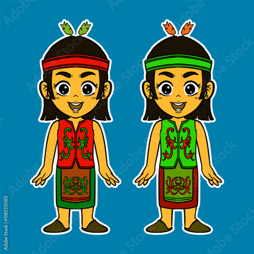 Doodle Sticker Illustration of a Girl Wearing an Indonesian Traditional Dress