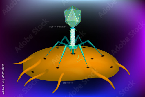 A bacteriophage or phage is a virus that infects and replicates within bacteria and archaea. Bacterial cell and Structure of a typical virus phage.  photo