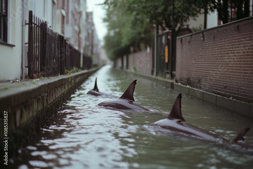 An unusual sight of sharks navigating a narrow urban canal, blending wilderness with city elements. photo