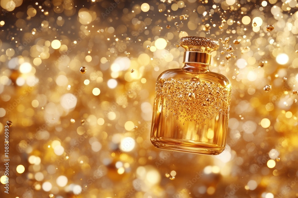 Luxurious golden perfume bottle with sparkling drops on a bokeh background Luxurious golden perfume bottle with sparkling drops on a bokeh background