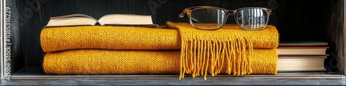 Lightweight shawl rests elegantly on a shelf, accompanied by reading glasses and open books, creating a cozy atmosphere perfect for leisurely reading sessions. photo