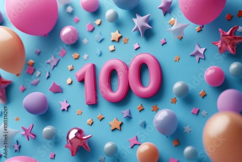 One hundredth anniversary celebration surrounded by balloons and stars on blue background
