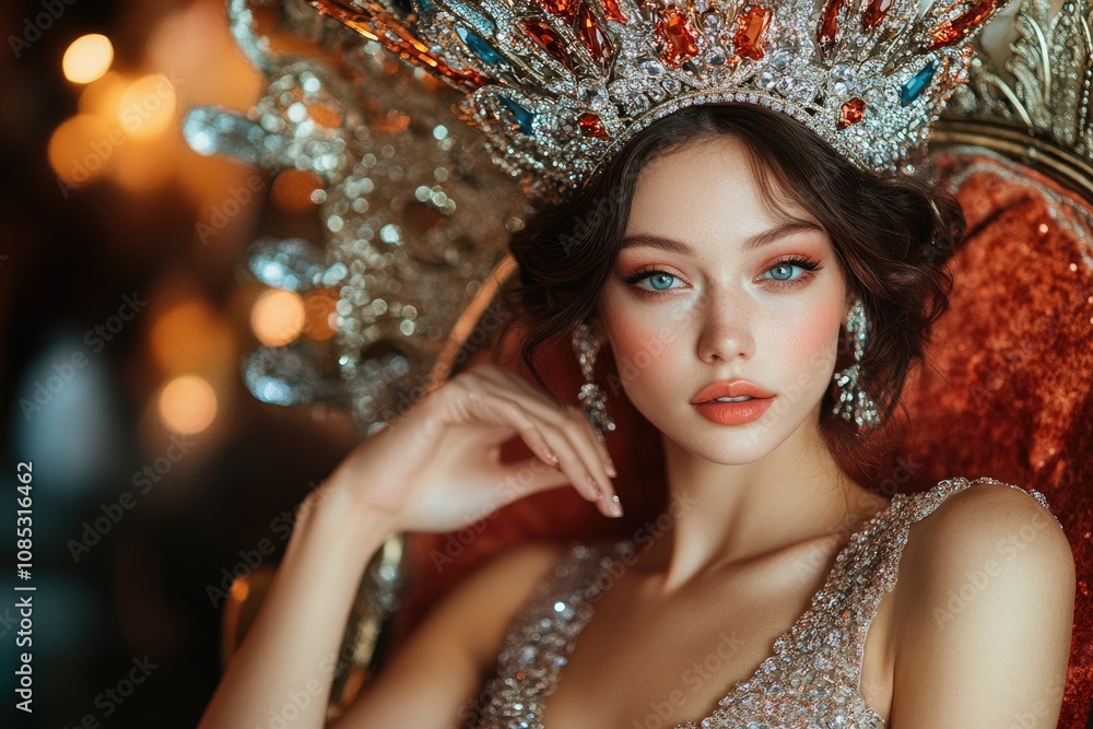 Obraz premium Queen wearing luxurious crown and elegant dress posing on golden throne