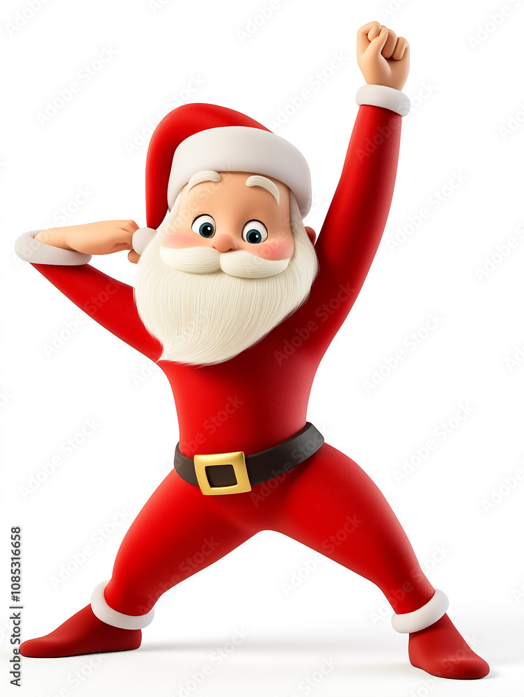 Santa Claus in vibrant red suit stretching joyfully with arms raised enthusiastic expression festive workout concept Santa Claus in vibrant red suit stretching joyfully with arms raised enthusiastic expression festive workout concept
