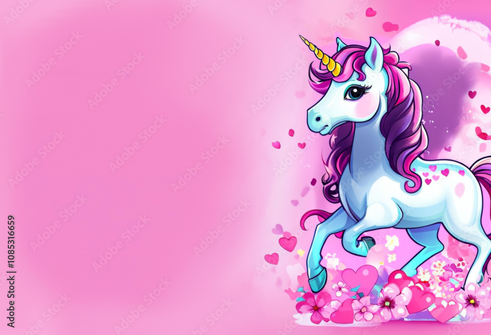 Fototapeta premium Beautiful unicorn with rainbow mane jumping on a flower field on a pink background with hearts and flowers, space for an inscription