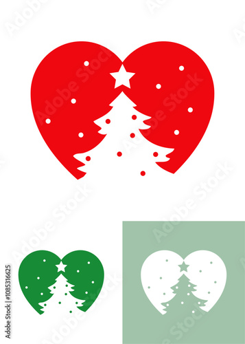 Tiempo de Navidad. Logo con silueta de corazón con árbol de navidad tipo pino o abeto con estrella en espacio negativo para tarjetas y felicitaciones