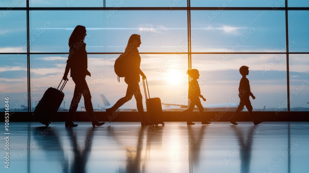 Family Silhouettes Walking Through an Airport Family Silhouettes Walking Through an Airport