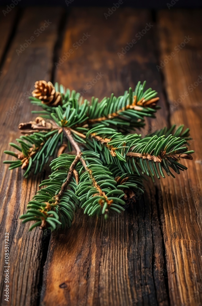 Spruce Tree branch on Wood Background and defocused lights - generative ai Spruce Tree branch on Wood Background and defocused lights - generative ai