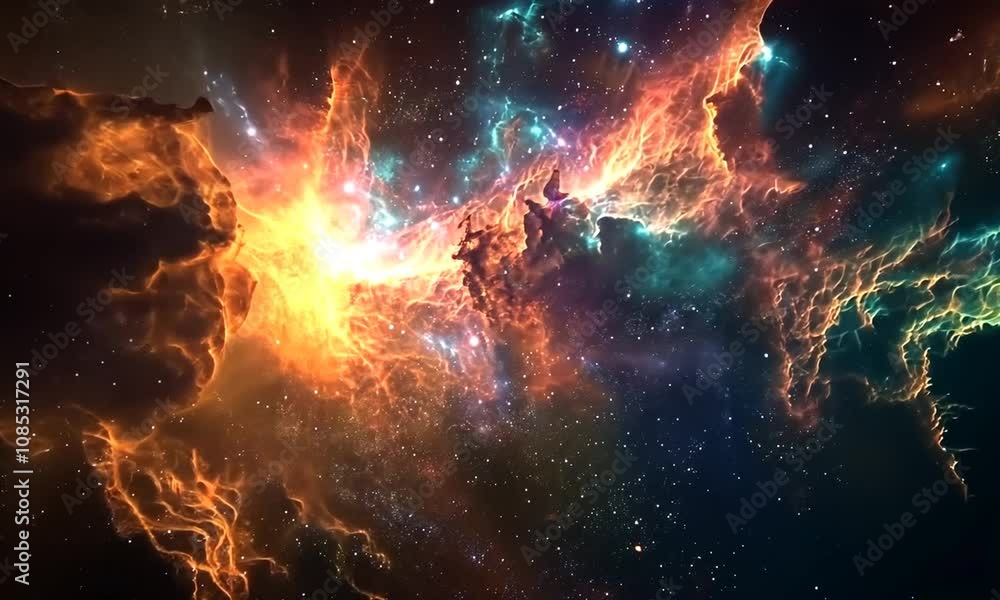 Fiery Nebula: Cosmic Clouds of Orange, Teal, and Starlight Fiery Nebula: Cosmic Clouds of Orange, Teal, and Starlight
