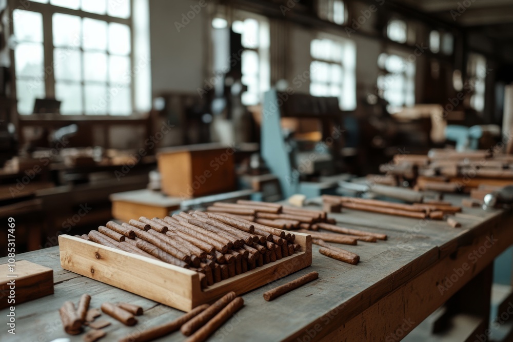 Wooden molds lined up in a sunlit workshop, embodying the essence of traditional craftsmanship and industriousness. Wooden molds lined up in a sunlit workshop, embodying the essence of traditional craftsmanship and industriousness.