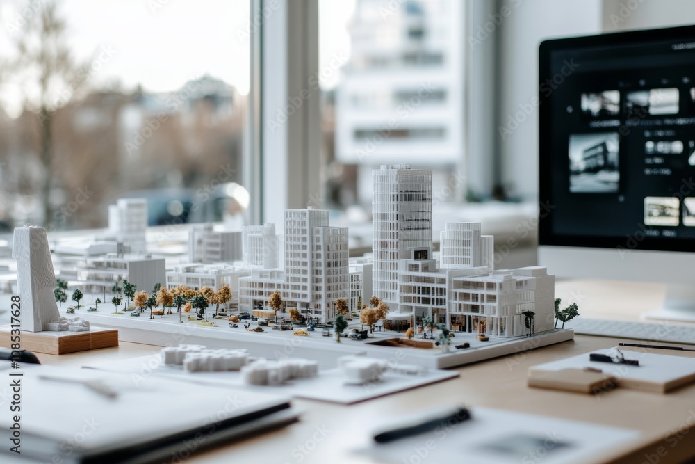 A modern workspace with an intricate architectural model display overlooks a cityscape through large windows, fostering creativity and design insight. A modern workspace with an intricate architectural model display overlooks a cityscape through large windows, fostering creativity and design insight.