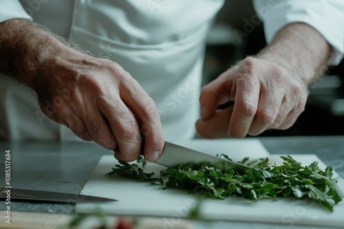 Wallpaper Mural A chef crisply chops fresh herbs on a wooden board, illustrating the precise technique and vibrant essence of culinary art in action. Torontodigital.ca