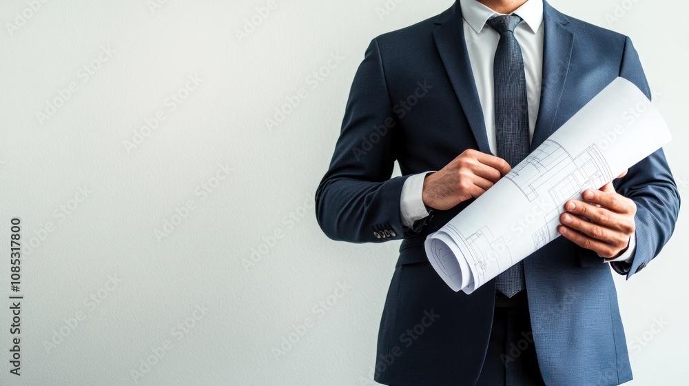 Architect Holding Blueprints in a Modern Office Setting Architect Holding Blueprints in a Modern Office Setting