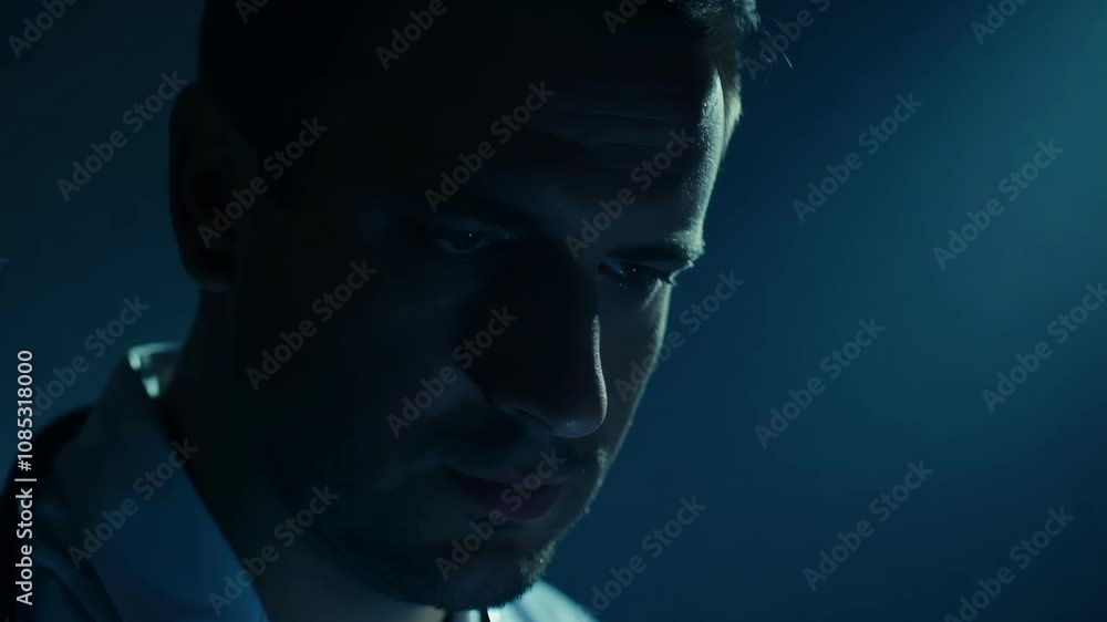 Contemplative man in dramatic lighting for intense emotional scene Contemplative man in dramatic lighting for intense emotional scene