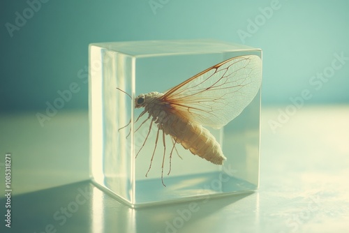 A delicate insect, wings fully outstretched, is encased in a clear block of glass, creating an artistic display of nature and preservation.