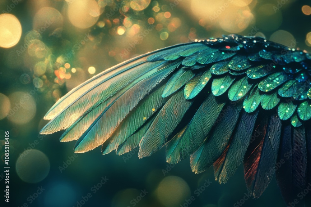 Fototapeta premium A close-up of vibrant, layered feathers shimmer with iridescent hues, capturing the essence of natural elegance and ethereal beauty against a bokeh backdrop.
