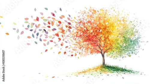 A watercolor illustration of a tree with colorful leaves blowing in the wind.