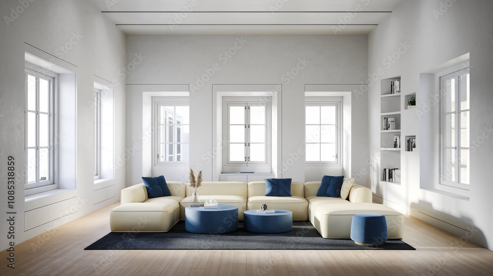 Modern Minimalist Living Room Interior Design Beige Sofa Blue Accents Natural Light Modern Minimalist Living Room Interior Design Beige Sofa Blue Accents Natural Light